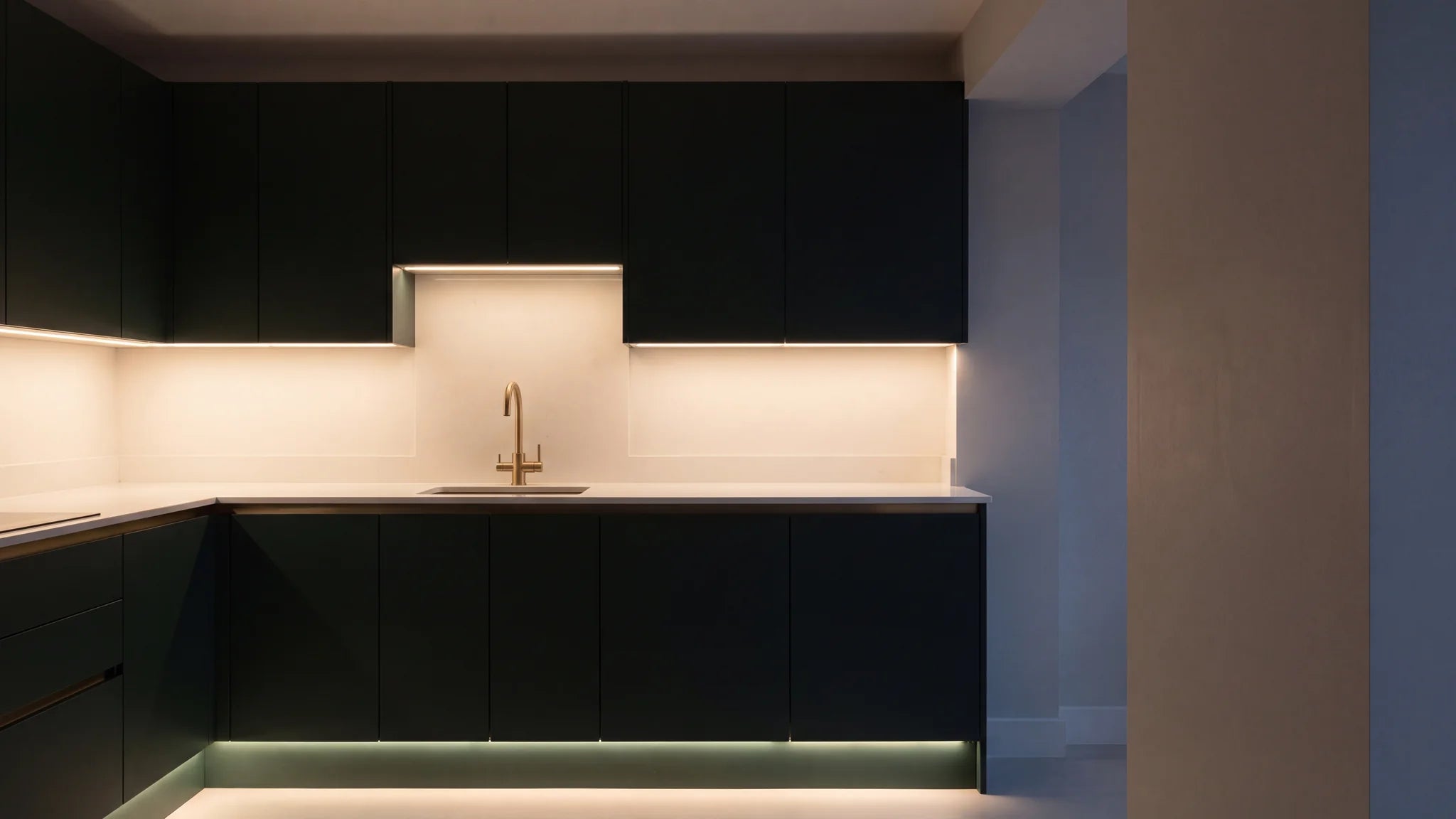 Warm COB LED strip lighting in a modern kitchen