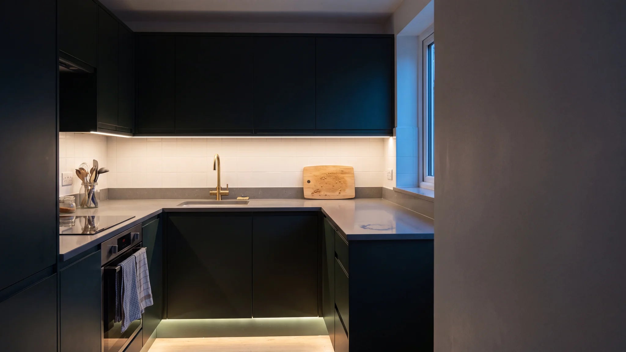 Warm COB LED strip lighting in a modern kitchen