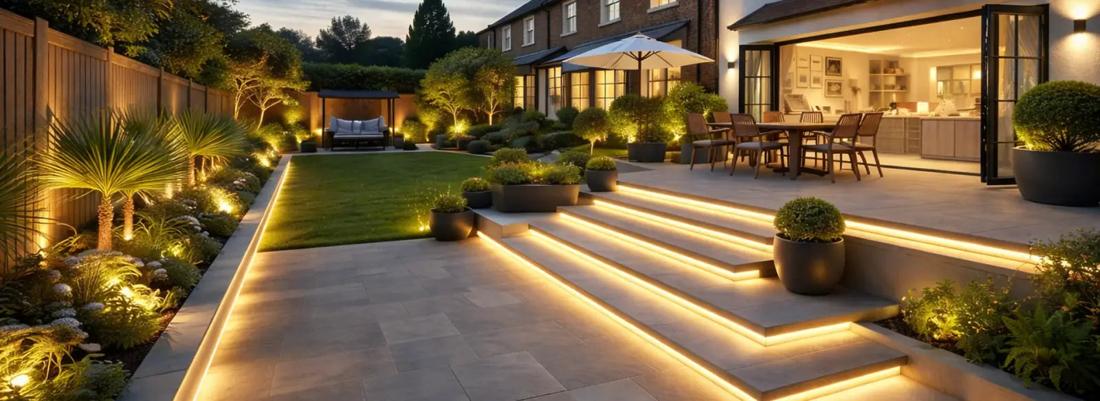 Warm white LED lighting around landscaped garden steps