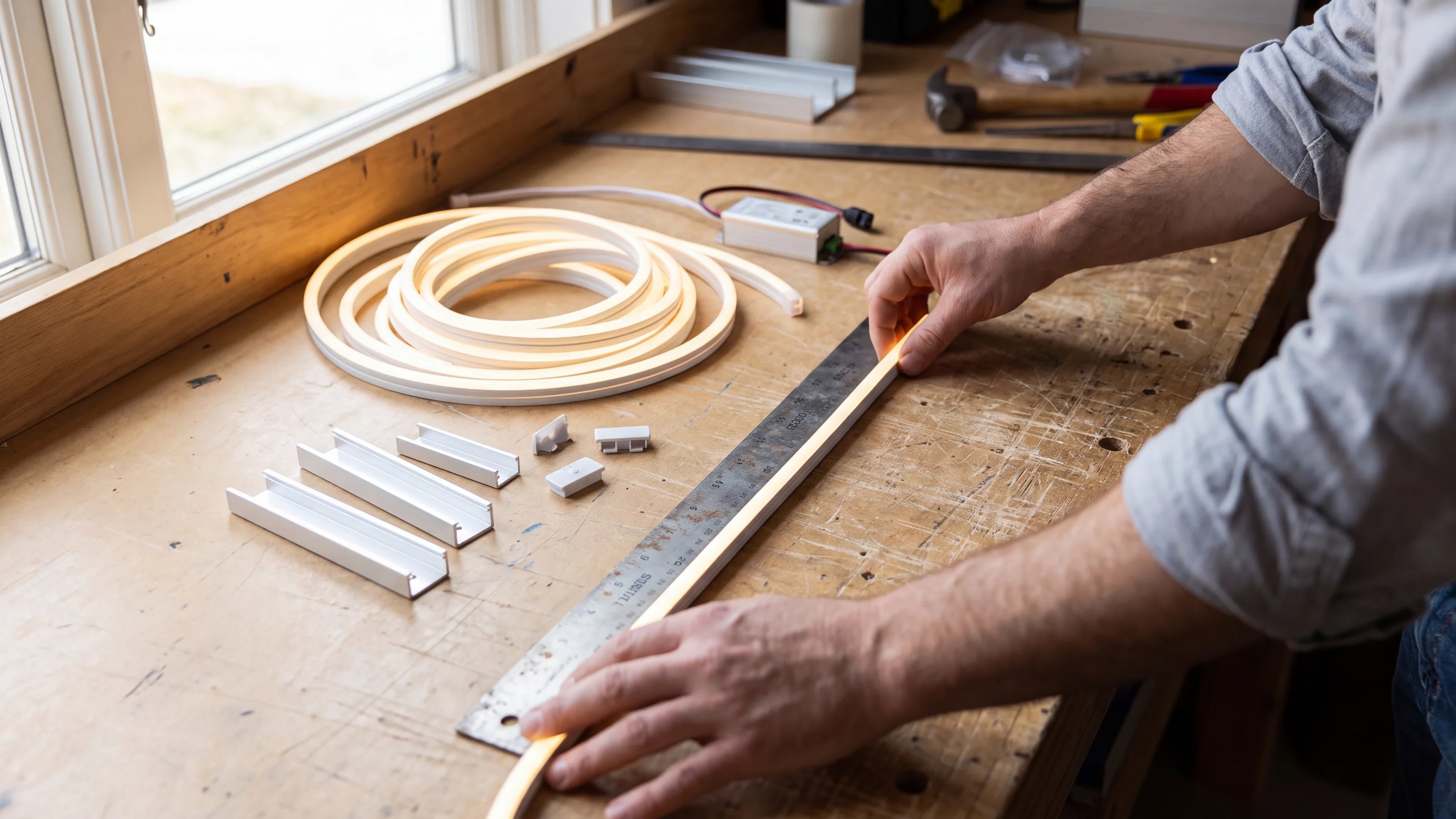 LED lighting specialist preparing a made-to-measure neon flex order