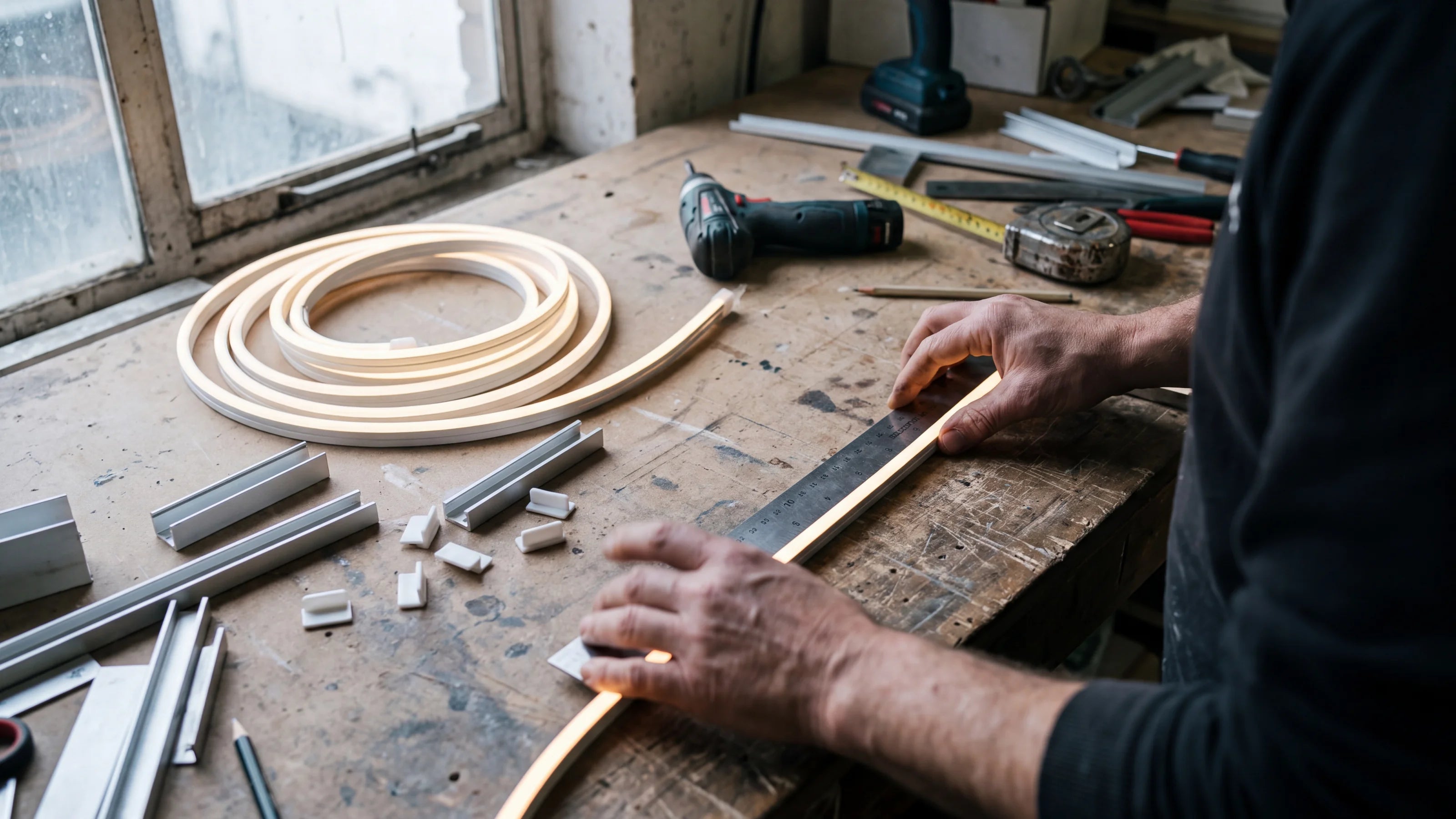LED lighting specialist preparing a made-to-measure neon flex order