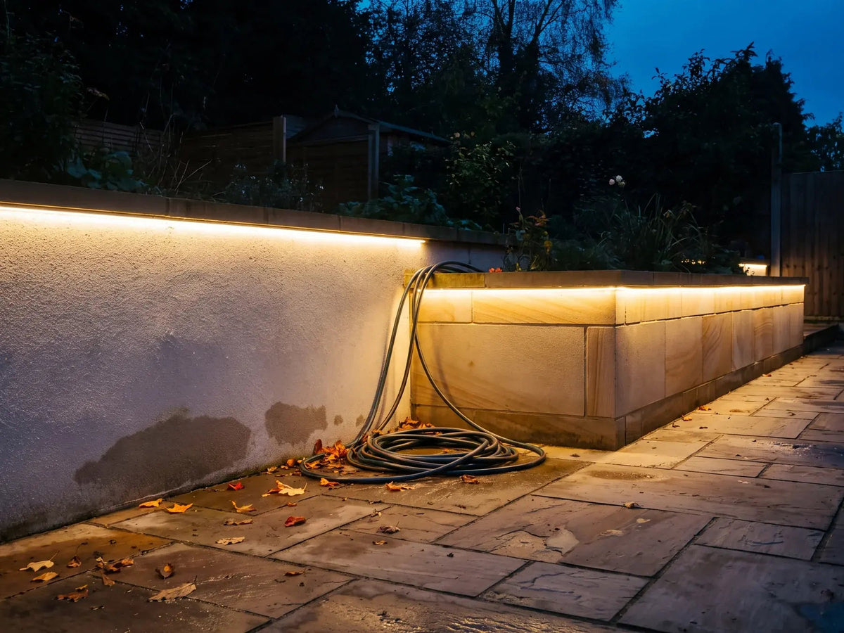 Warm white IP67 LED strip lighting along a garden wall and planter edge at dusk in a British garden