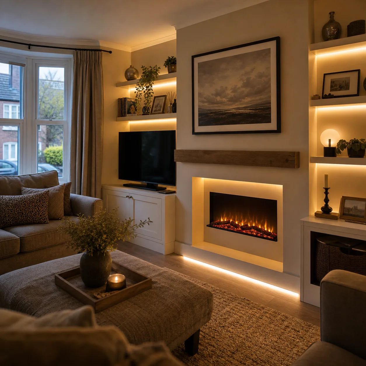 24V LED strip in cosy living room fireplace alcoves