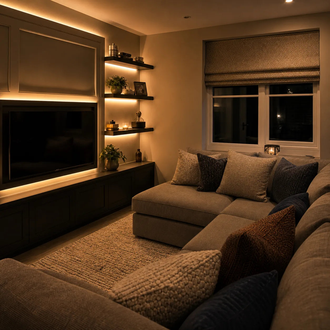 Addressable LED strip in snug TV room with shelving