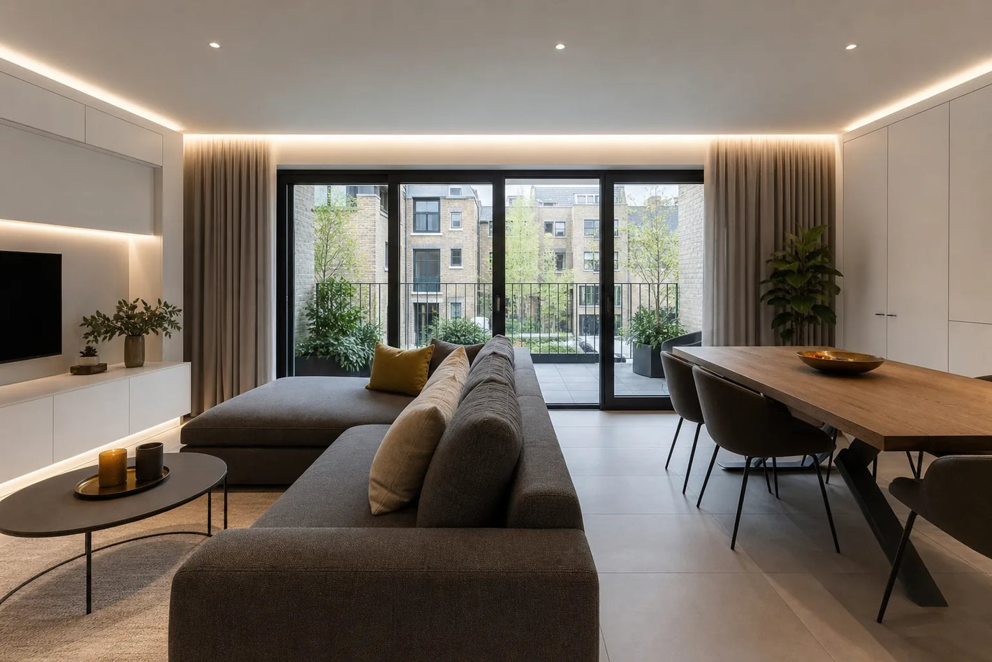 Ceiling LED perimeter coving strip in modern living room