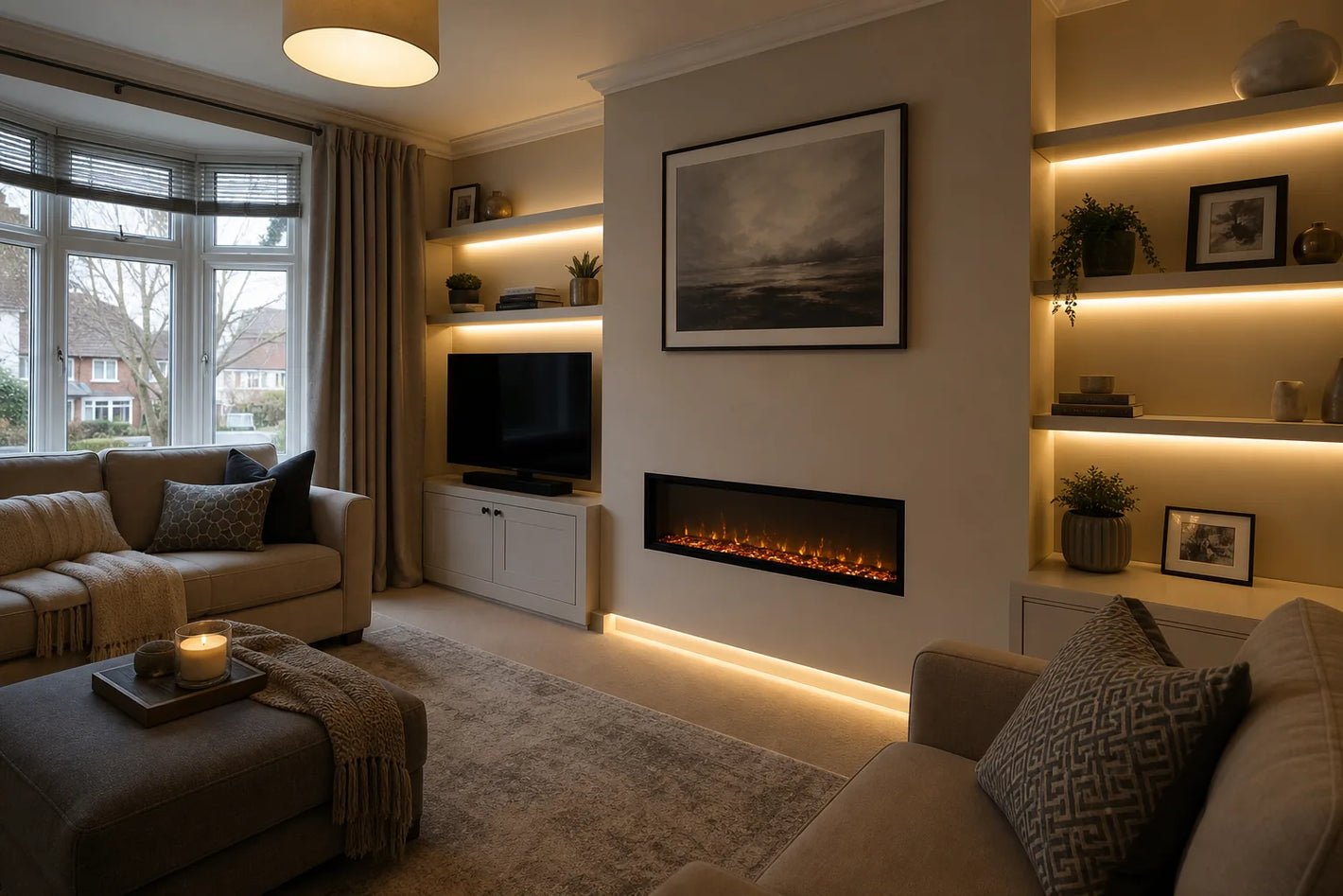 COB LED strip - dotless line in shelf alcoves and fireplace