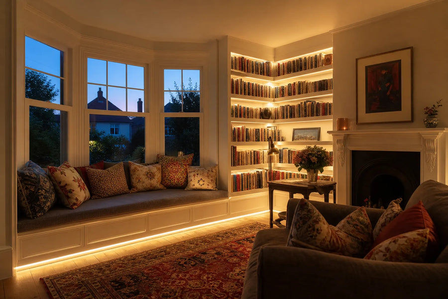 Dimmable LED strip in cosy reading nook