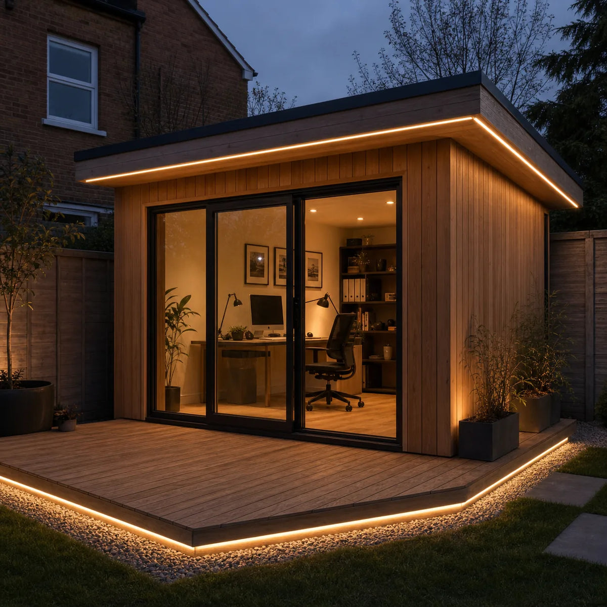 Extra long single-run LED lighting on garden office cabin perimeter