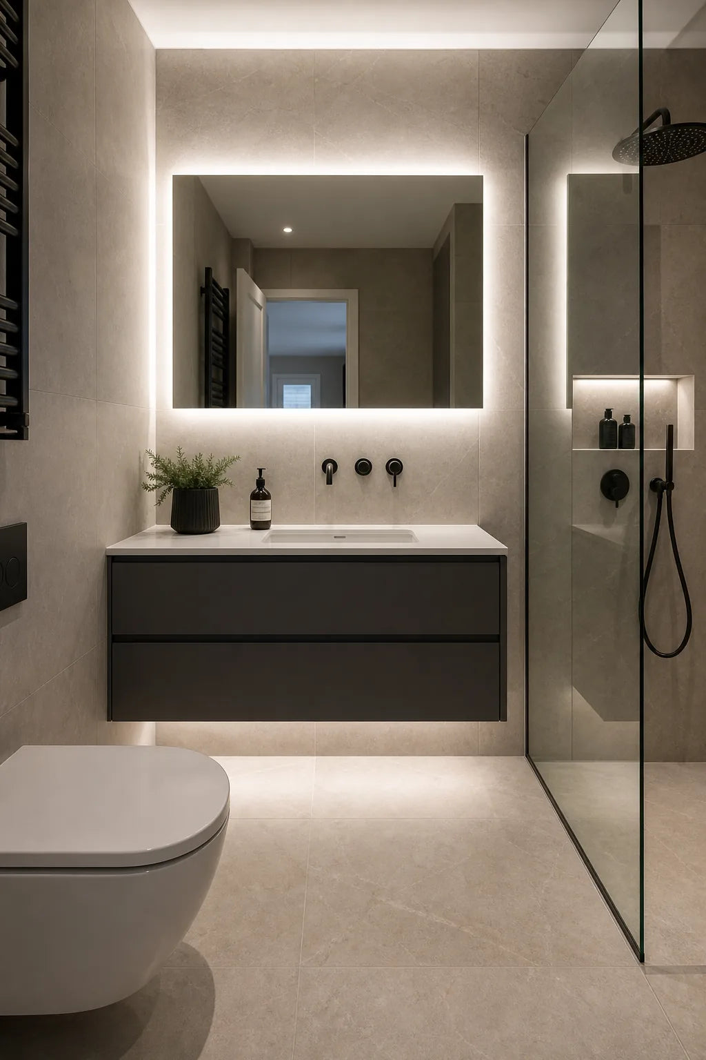 IP65 COB LED strip in modern bathroom mirror and niche