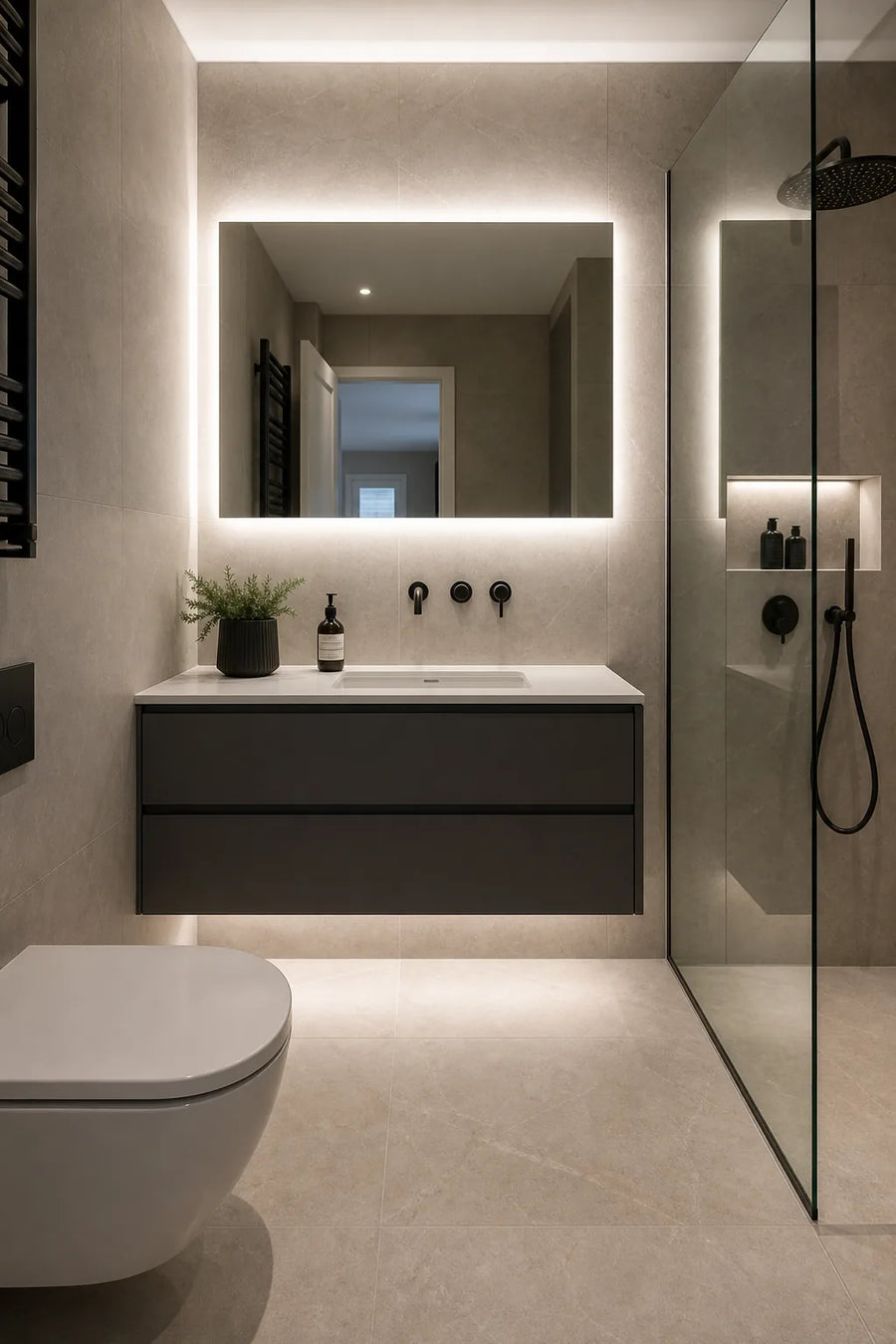 IP65 COB LED strip in modern bathroom mirror and niche