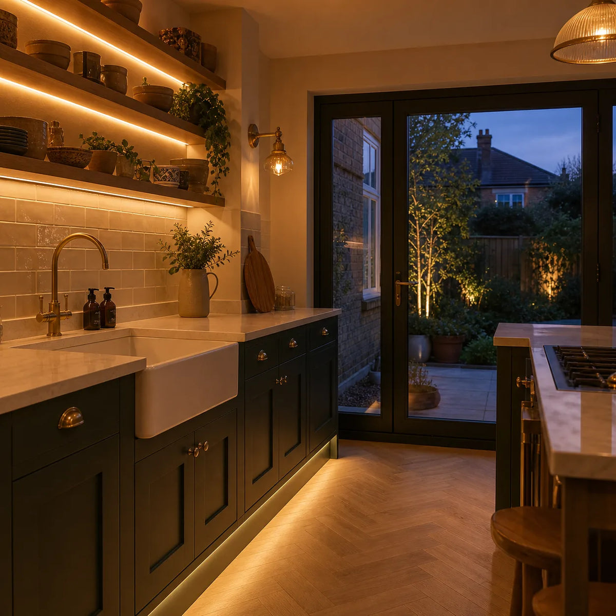 Joinery LED lighting in dark green kitchen with open shelves and plinth