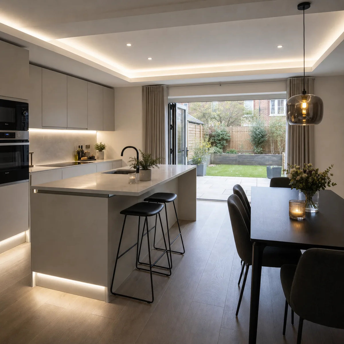 Kitchen LED lighting - modern open-plan kitchen with coving and under-cabinet strip