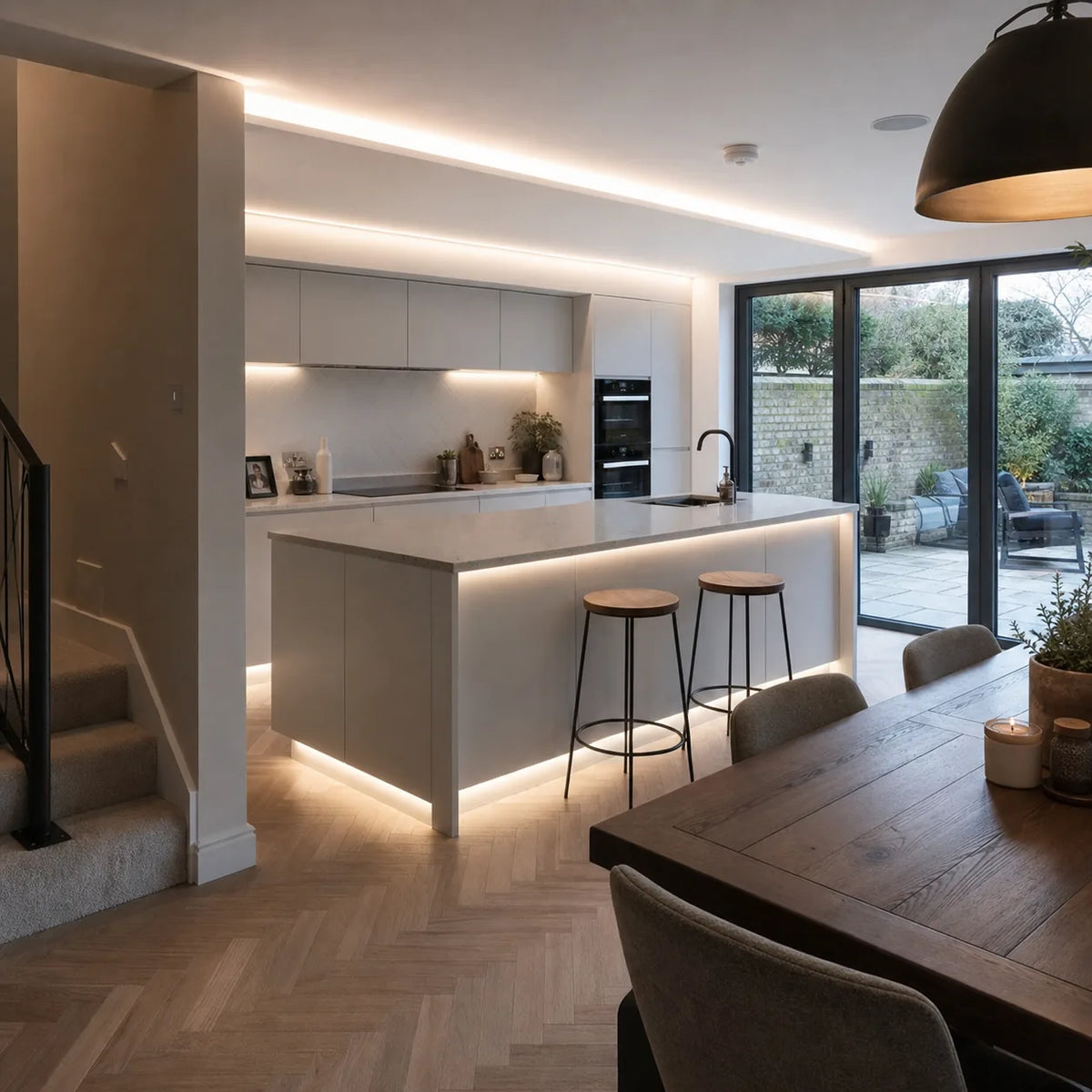 LED coving lighting in modern white kitchen