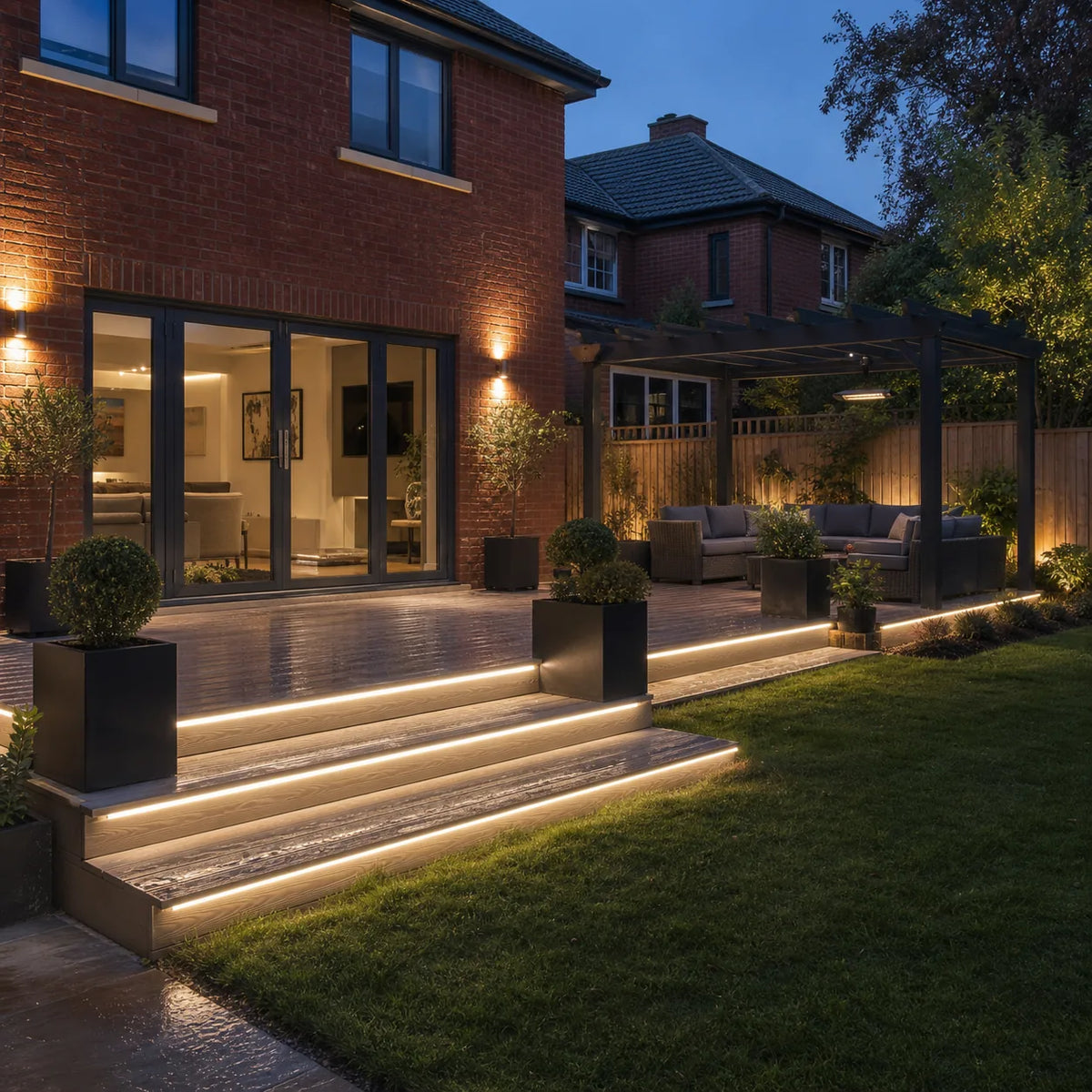 LED decking lights along step risers with bifold doors