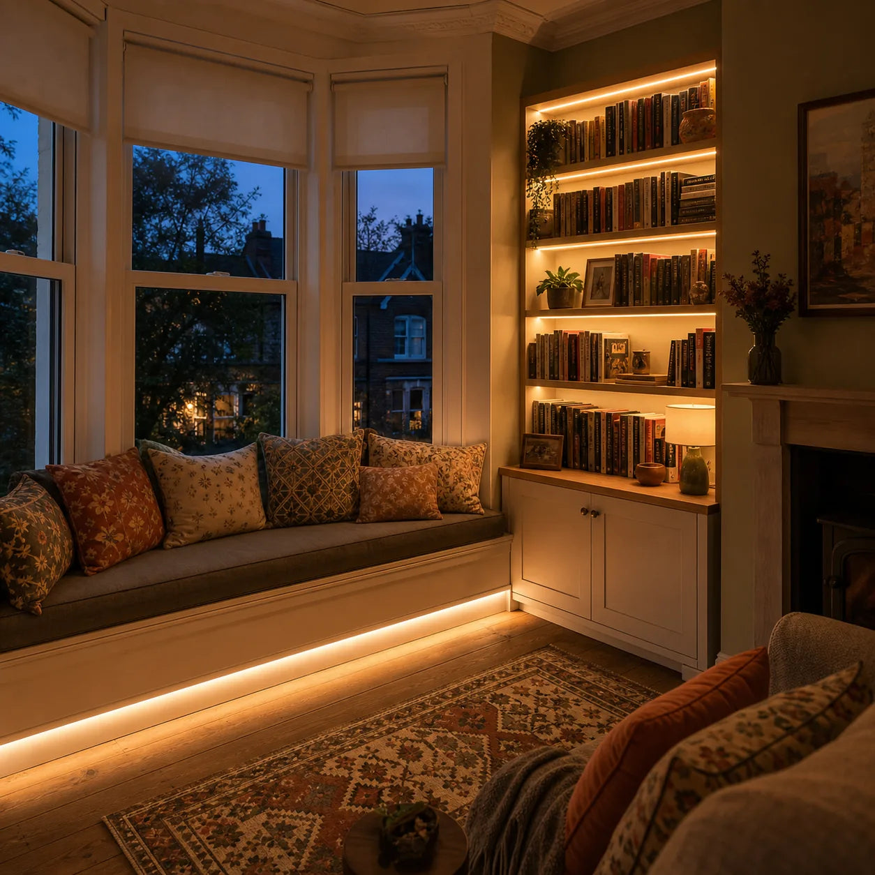 LED neon flex in library with bookshelf and window seat