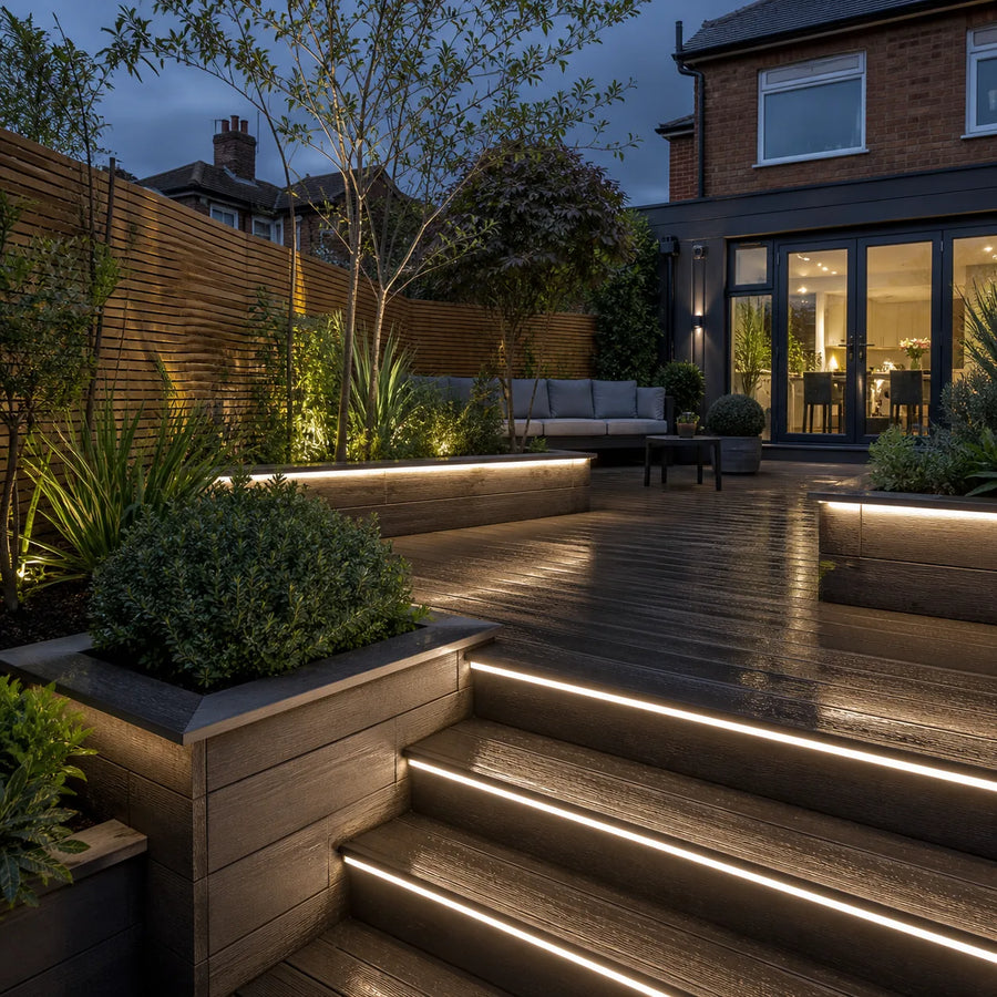 Outdoor LED step lights on deck stairs and perimeter