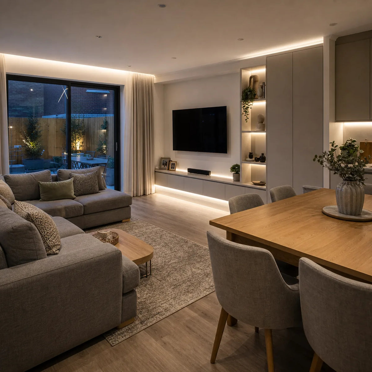 LED strip lights in modern open-plan living and dining room