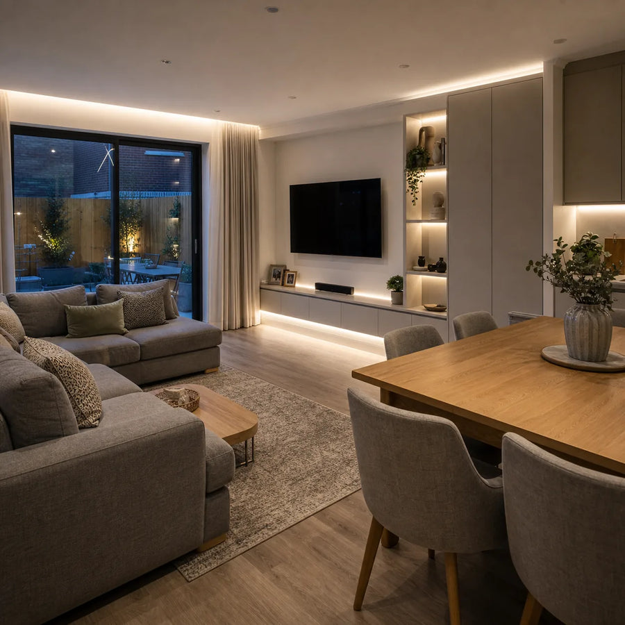 LED strip lights in modern open-plan living and dining room