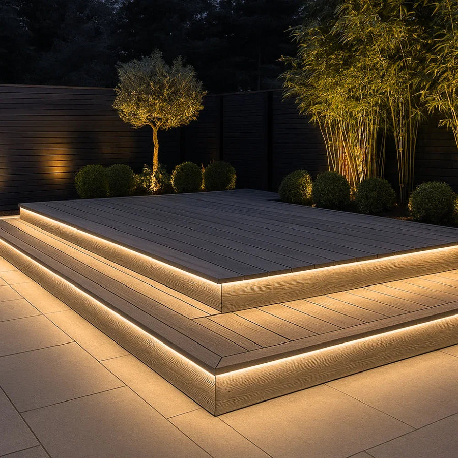 Warm white IP67 waterproof LED neon flex installed on decking