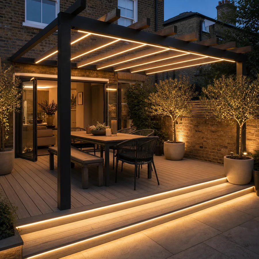 Outdoor LED lighting - pergola with overhead linear strip and decking step LED