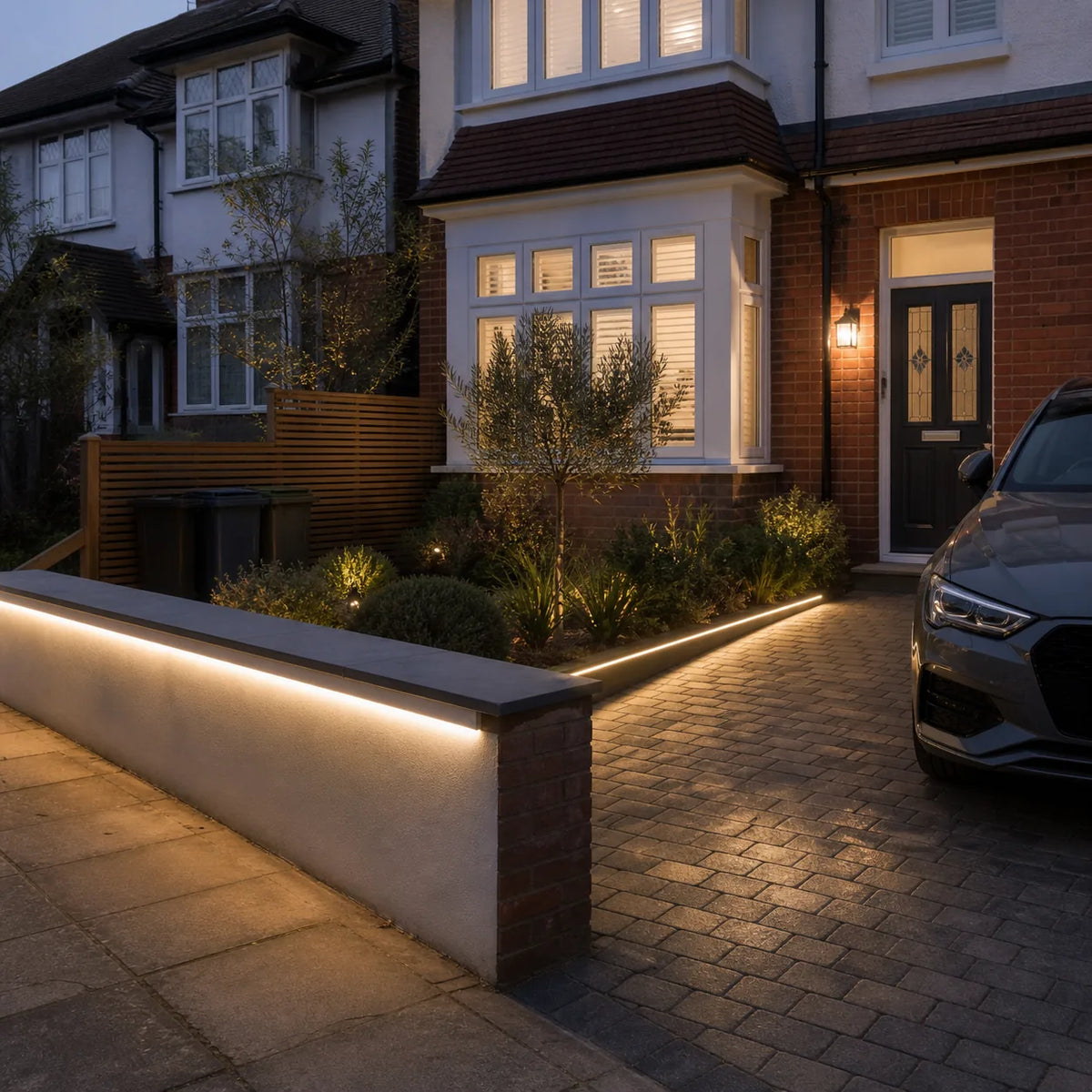 Outdoor LED neon flex in front driveway low wall and plant border