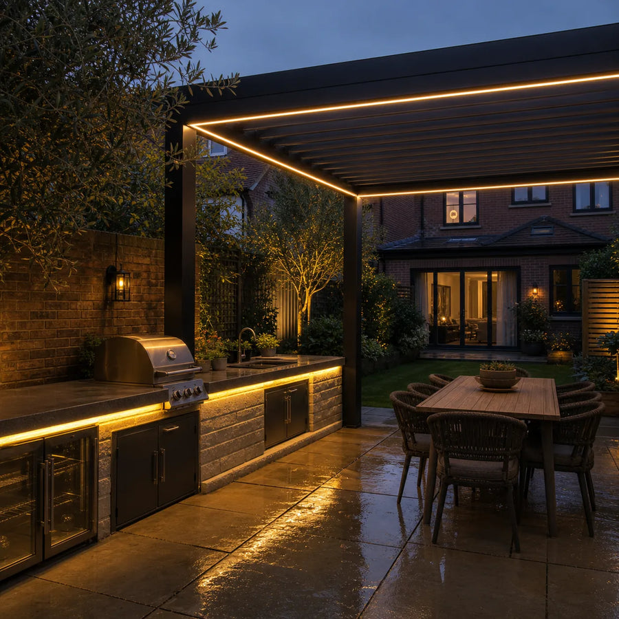 Outdoor LED strip lights in pergola kitchen
