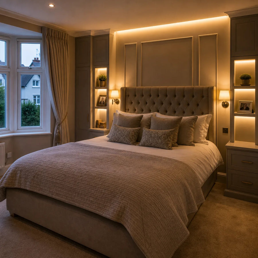 RGBW LED strip in bedroom with wall panels and headboard