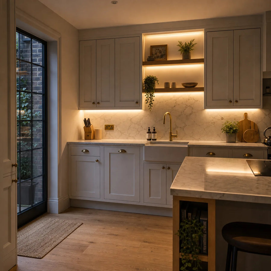 SMD LED strip in small kitchen with shelves and plinth