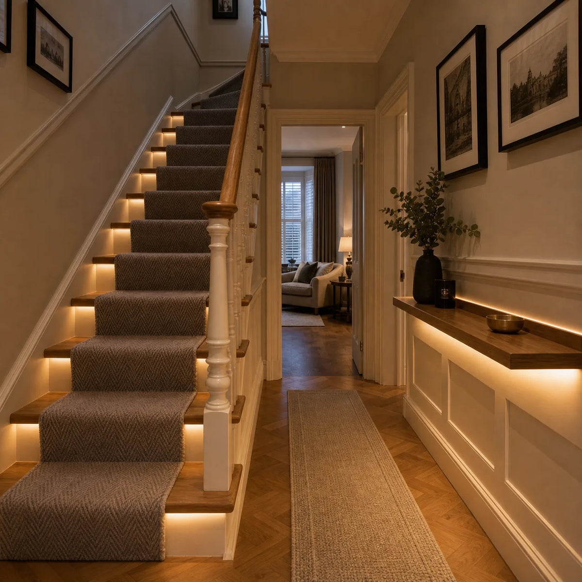 Stair LED lighting with under-tread strip