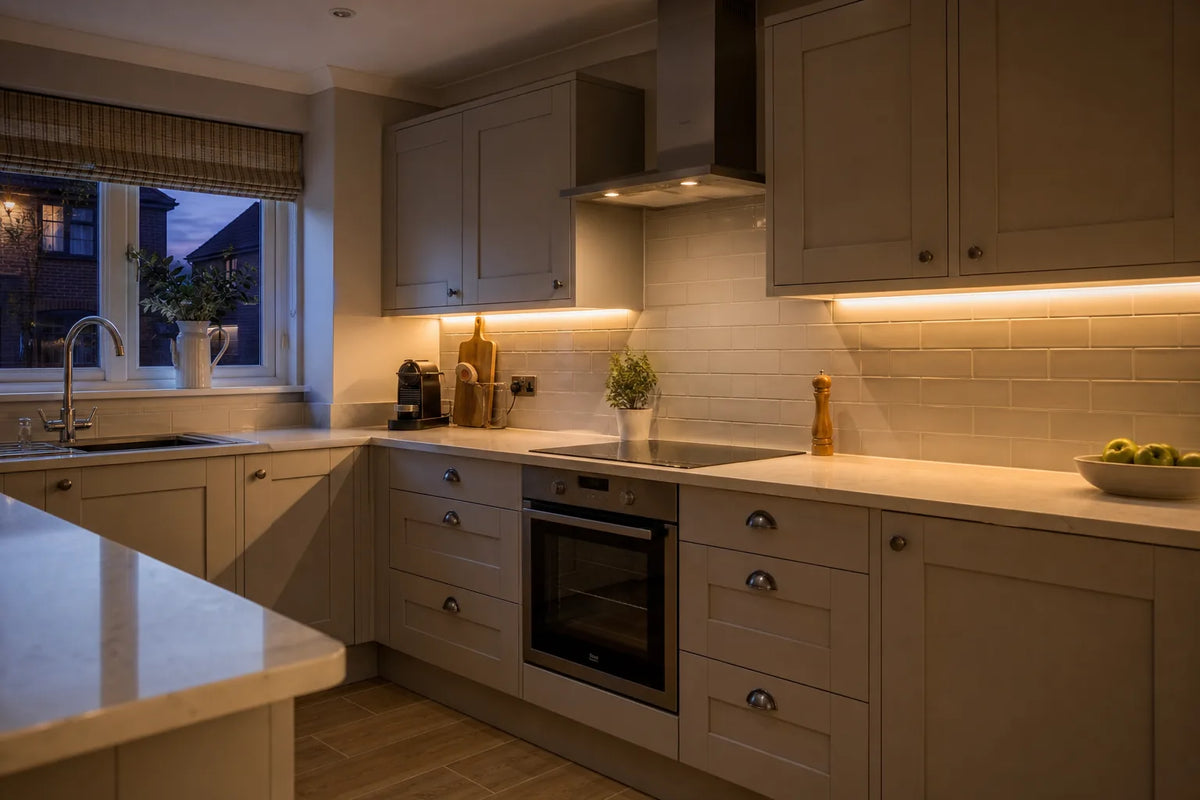Under cabinet LED lighting in traditional shaker kitchen