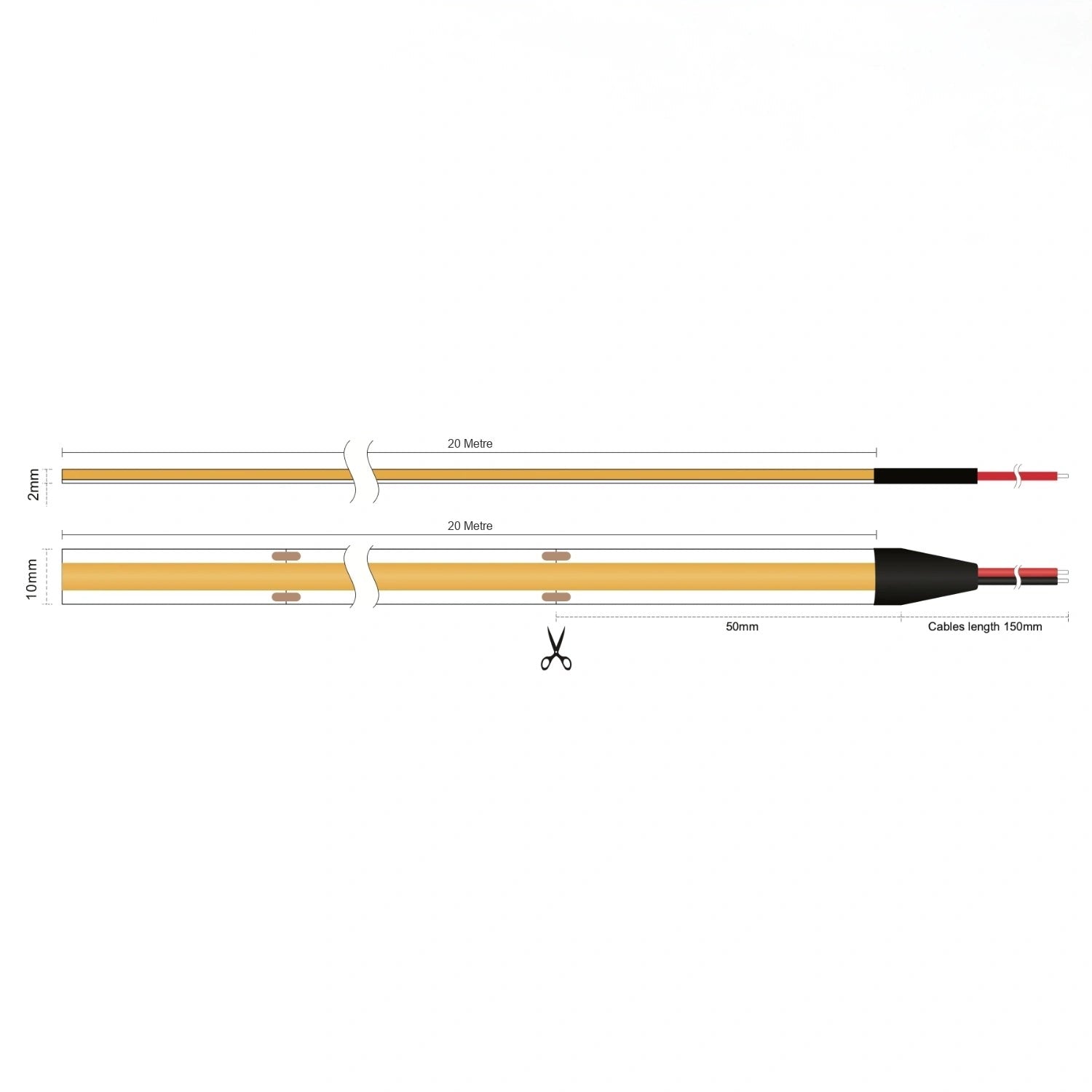 COB LED strip dimensions showing 10mm width, 2mm depth, 50mm cut points and a 20 metre run
