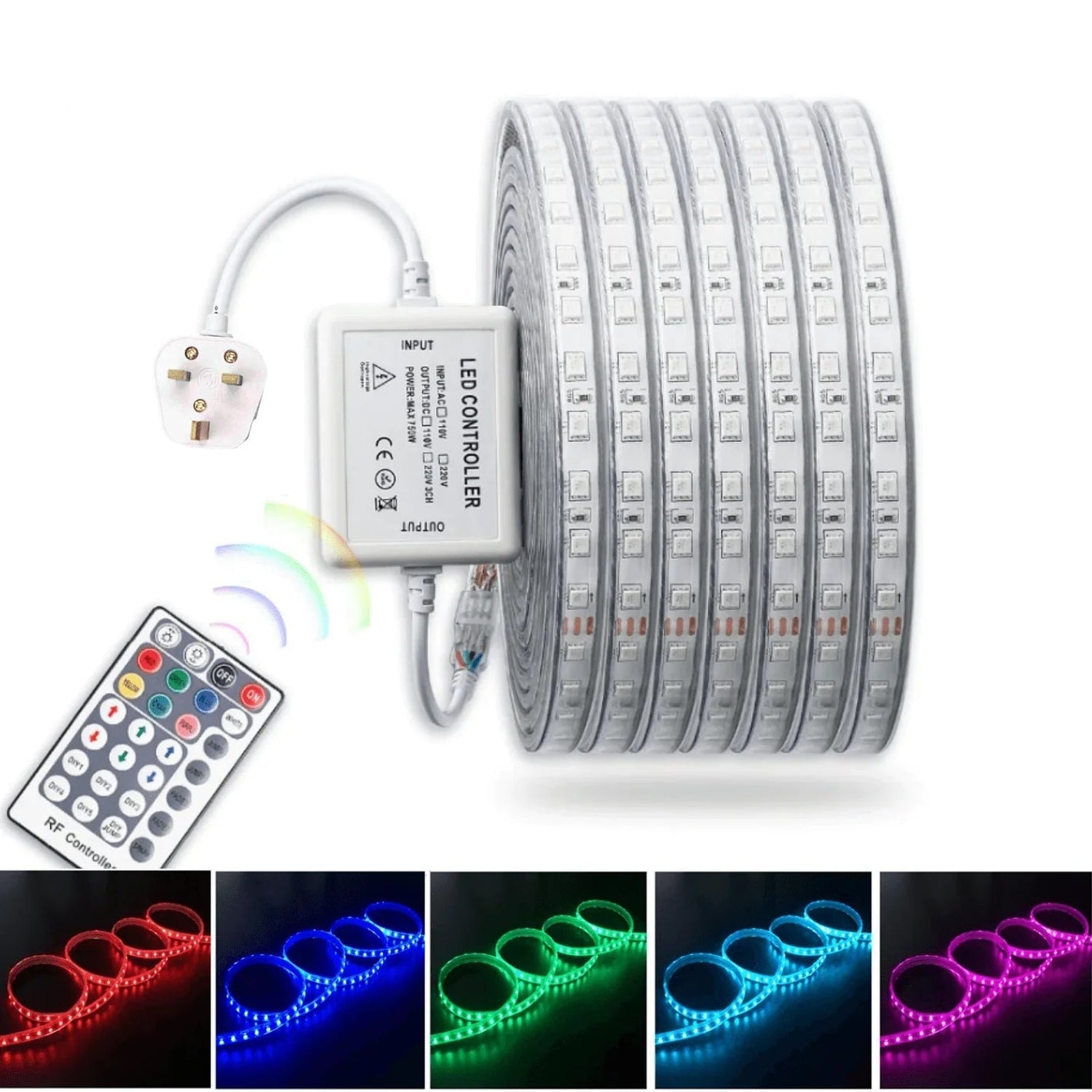 RGB LED Strip 220V 240V IP65 60LED/m Dimmable with Remote Kit — House of LEDs UK