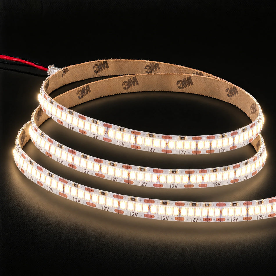 3000K 12V 240 LEDs/m LED strip with 3M backing on charcoal background