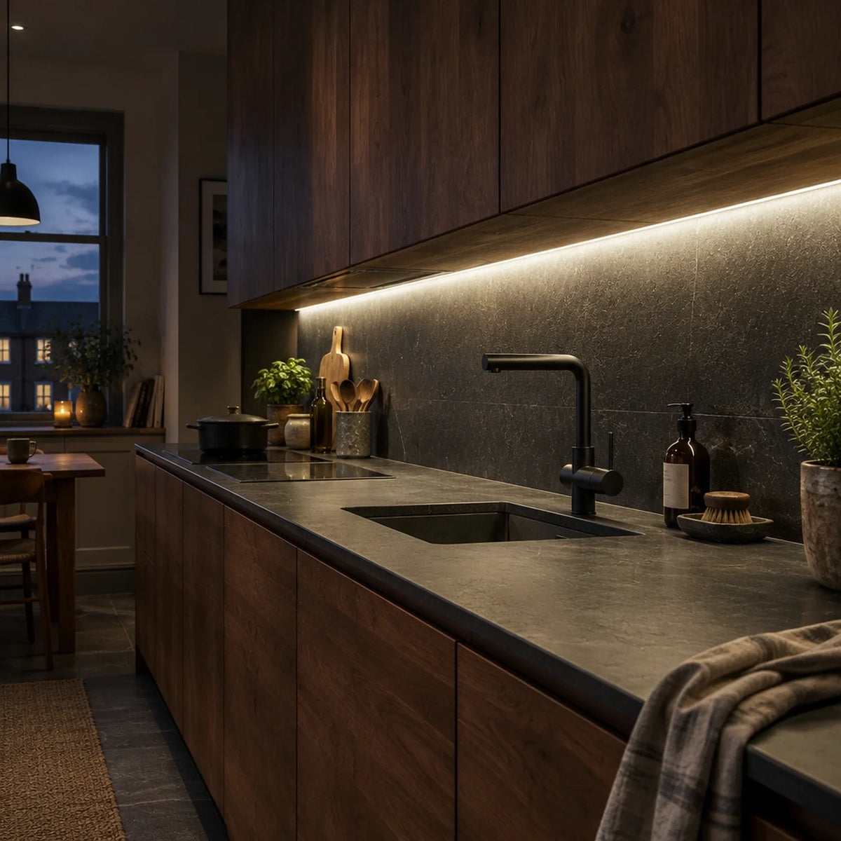 Natural white 4000K LED strip lighting in a kitchen