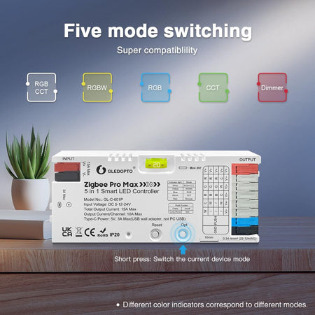 GLEDOPTO ZigBee 3.0 Pro Max 5 in 1 LED Strip Controller PWM Dimming RGBCCT RGBW CCT Monochrome APP Voice Control GL-C-601P — view 3 — House of LEDs UK