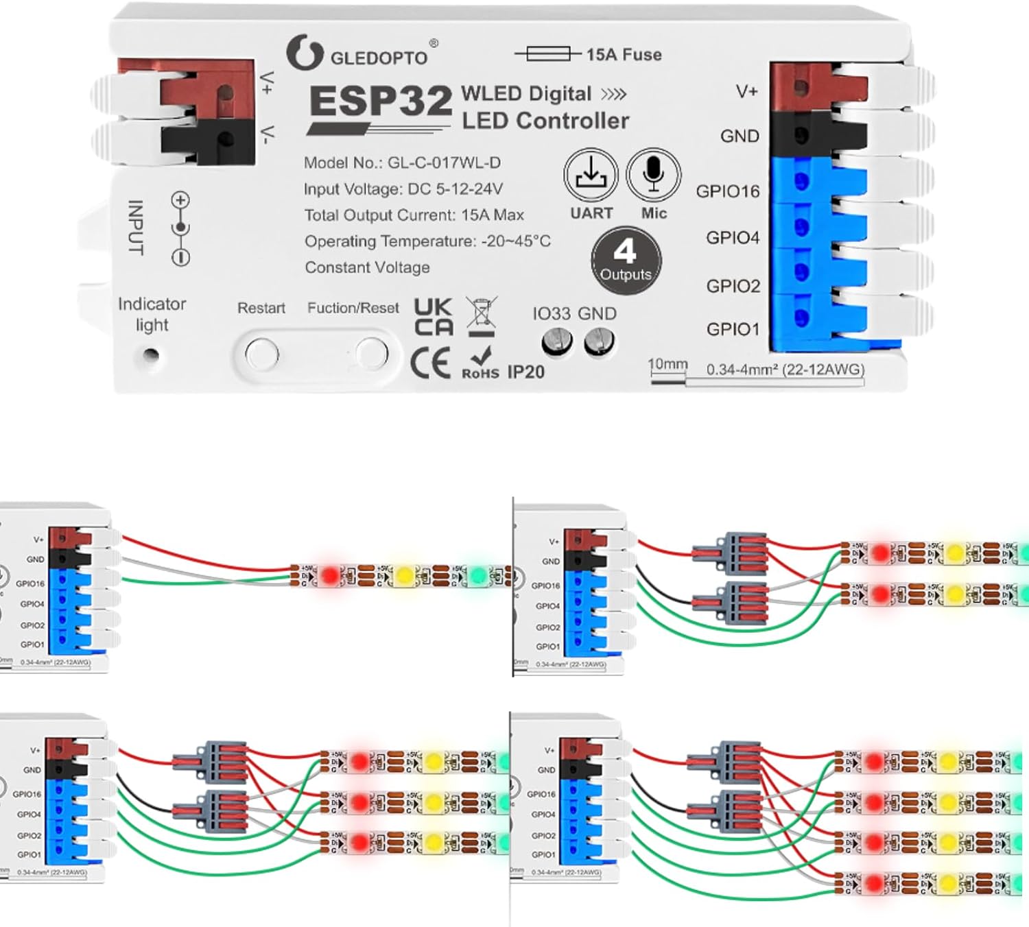 GLEDOPTO ESP32 WLED Digital LED Controller with 4 Channel With Mic/UART WIFI GL-C-017WL-D — view 6 — House of LEDs UK