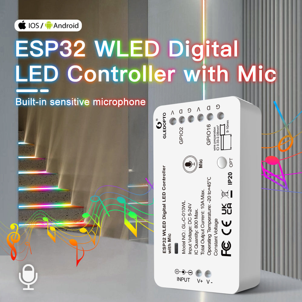 GLEDOPTO ESP32 WLED Digital Pixel LED Controller With Mic Music App Control GL-C-010WL — view 7 — House of LEDs UK