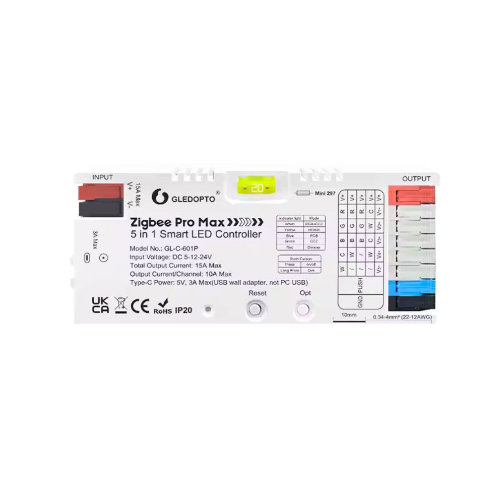 GLEDOPTO ZigBee 3.0 Pro Max 5 in 1 LED Strip Controller PWM Dimming RGBCCT RGBW CCT Monochrome APP Voice Control GL-C-601P — House of LEDs UK