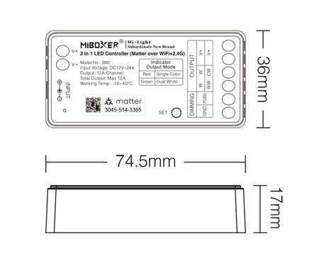 MiBoxer SM2 dimensions - 74.5 x 36 x 17mm