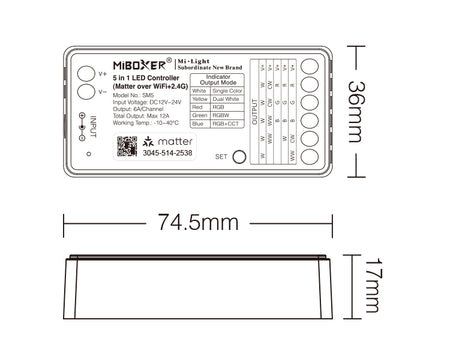 MiBoxer SM5 dimensions - 74.5 x 36 x 17mm
