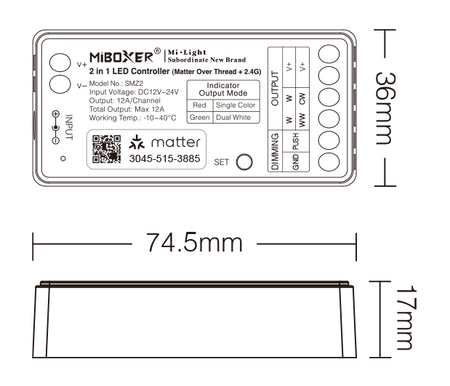 MiBoxer SMZ2 dimensions - 74.5 x 36 x 17mm