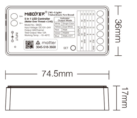 MiBoxer SMZ5 dimensions - 74.5 x 36 x 17mm