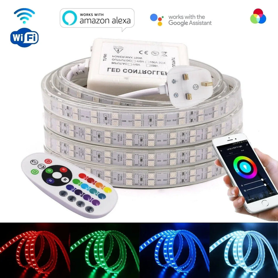 RGB LED Strip 220V 240V 120 LEDs/m IP65 Waterproof WIFI App sync Google & Alexa — House of LEDs UK