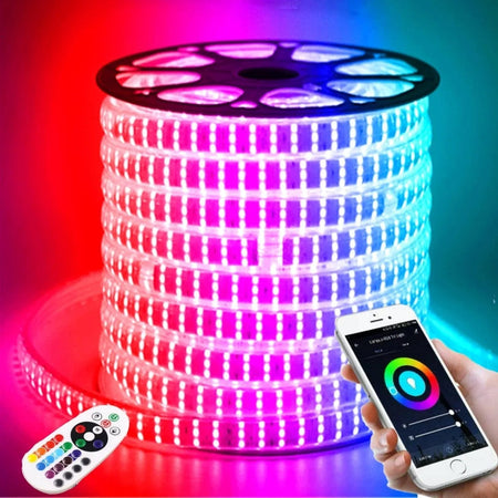 RGB LED Strip 220V 240V 144 LEDs/m IP65 Wireless Bluetooth App Control with Remote — House of LEDs UK