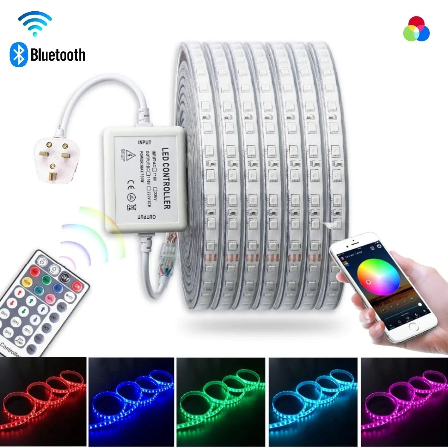 RGB LED Strip 220V 240V 60LEDs/m IP65 Wireless Bluetooth App Control with Remote — House of LEDs UK