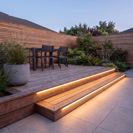 Warm White 3000K 15x15mm Top Bend LED neon flex - outdoor timber decking installation illustration.