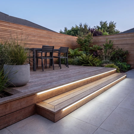 Cool White 6000K 15x15mm Top Bend LED neon flex - outdoor timber decking installation illustration.