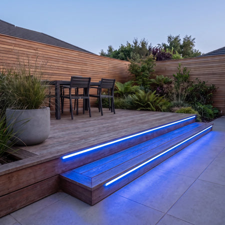 Blue 15x15mm Top Bend LED neon flex - outdoor timber decking installation illustration.