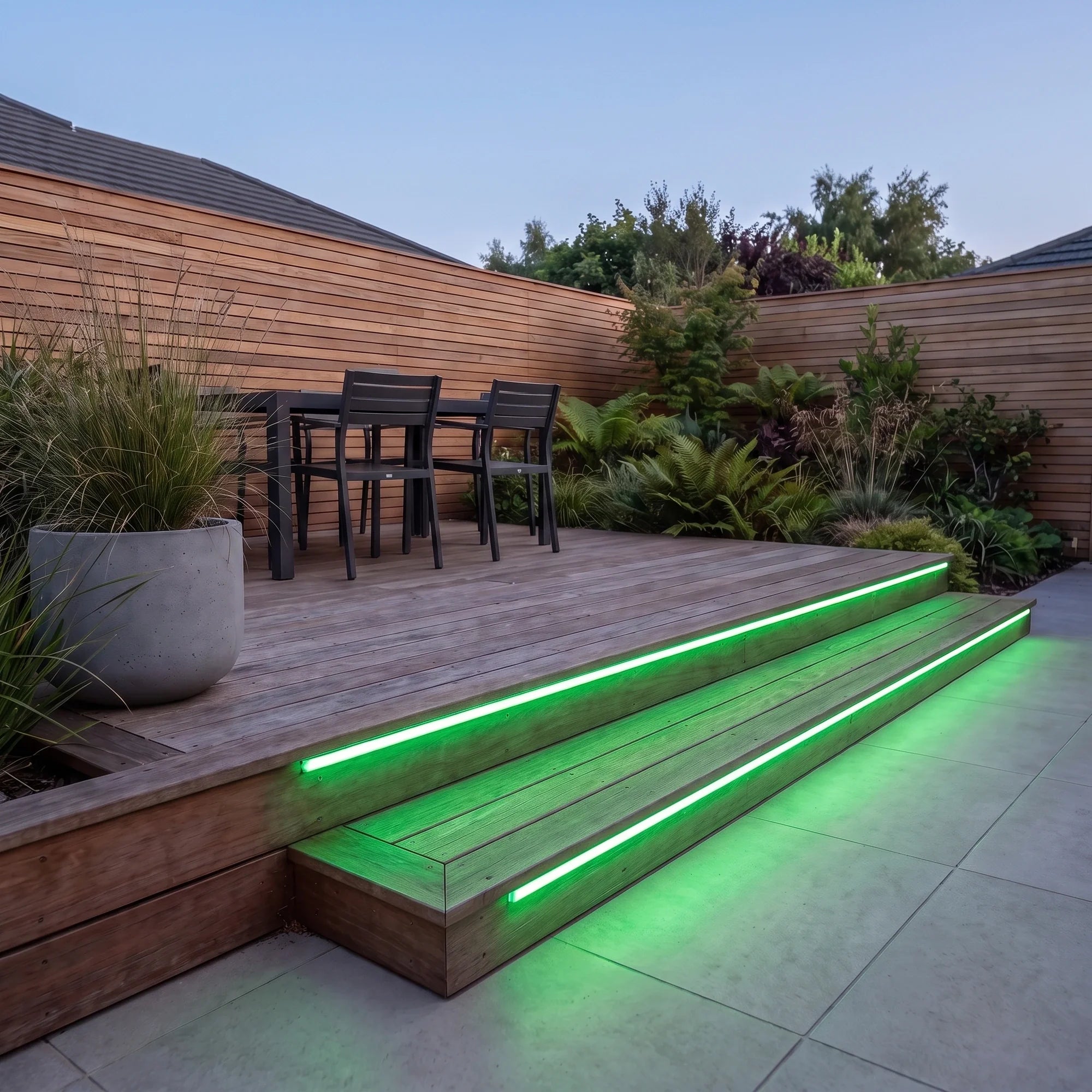 Green 15x15mm Top Bend LED neon flex - outdoor timber decking installation illustration.
