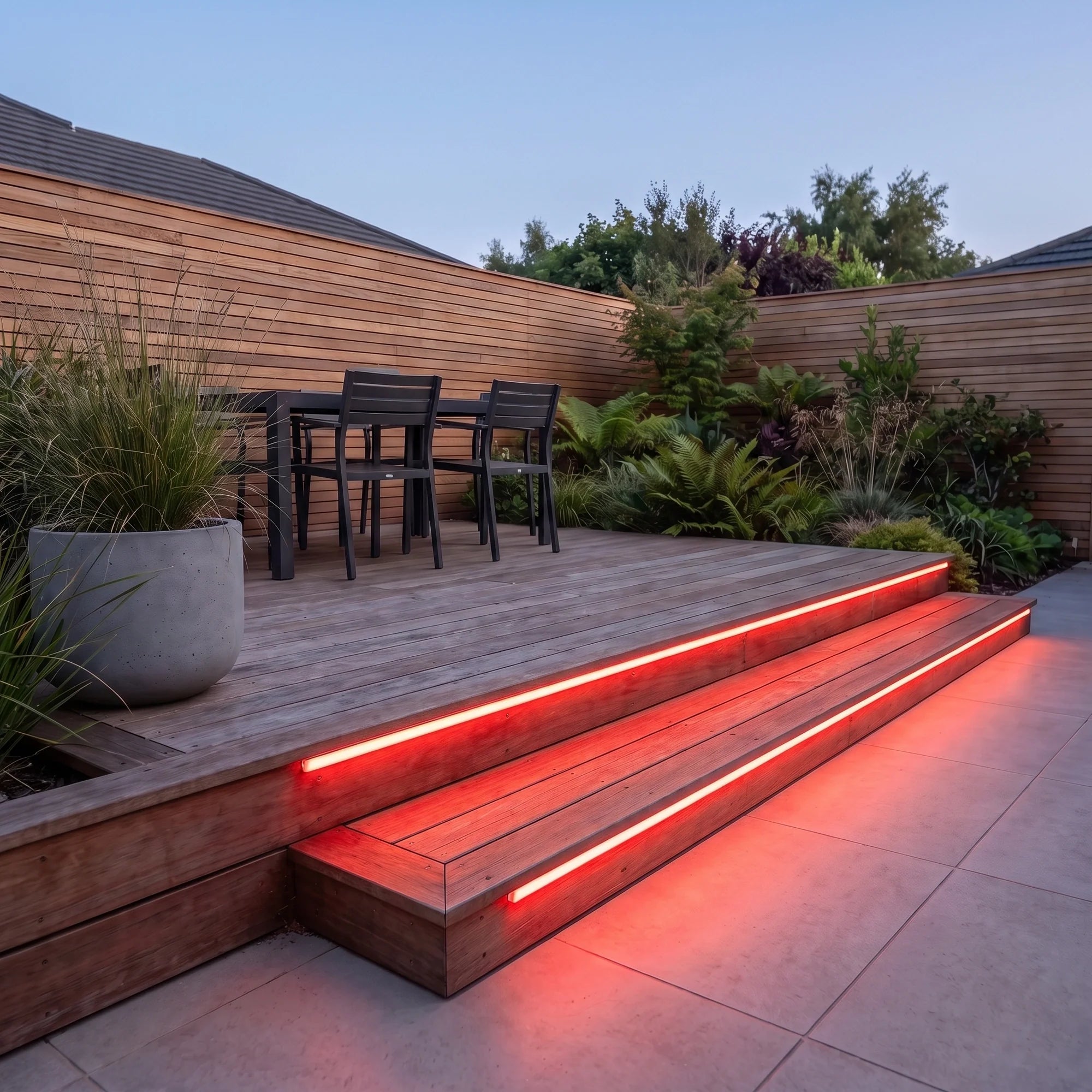 Red 15x15mm Top Bend LED neon flex - outdoor timber decking installation illustration.